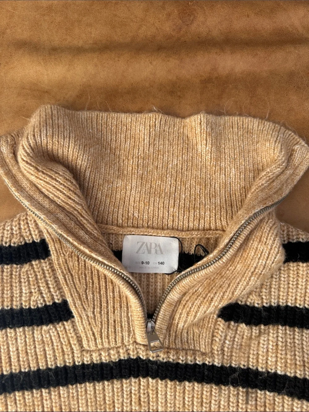 Zara Girls Beige and Black Striped Half-Zip Sweater size 9-10